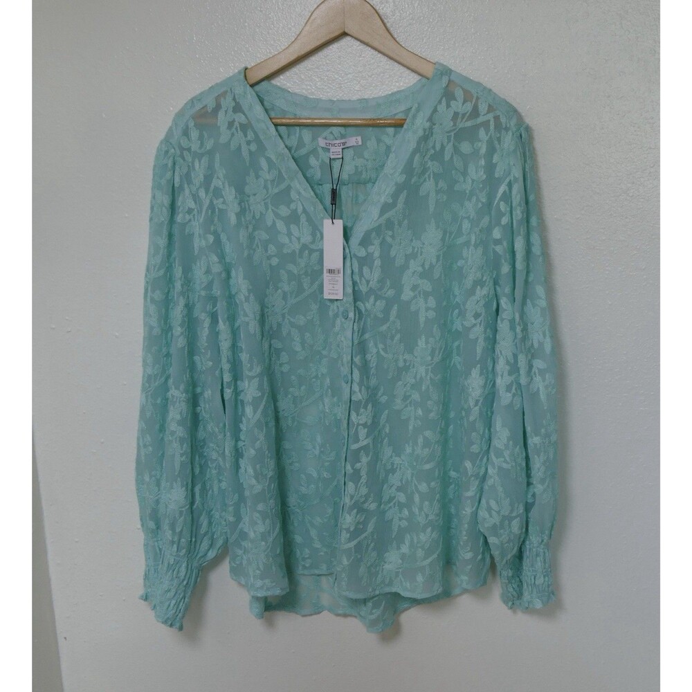 Chico’s NWT Soutache Embroidered Tunic Blouse Balloon Sleeve Teal Waters Sz 4 - Picture 3 of 8